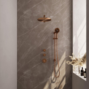 Brauer Copper Edition Regendoucheset inbouw - hoofddouche 30cm - 3 gladde knoppen - rechte wandarm - glijstang - handdouche rond 3 standen - PVD - geborsteld koper 5-GK-038
