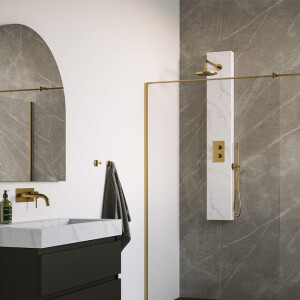 BRAUER Gold Edition thermostatisch douchepaneel - 2 functies - calacatta gold SET 01 - 20cm hoofddouche - gebogen muurarm - staaf handdouche - wandaansluitbocht - doucheslang - goud geborsteld PVD 5-GG-154