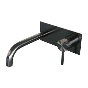 Brauer Gunmetal Carving Wastafelmengkraan inbouw - gebogen uitloop links - hendel lang smal carving- afdekplaat - model A 1 - PVD - geborsteld gunmetal 5-GM-004-B6