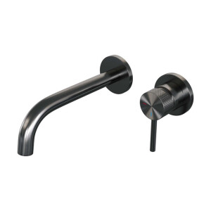 Brauer Gunmetal Carving Wastafelmengkraan inbouw - gebogen uitloop links - hendel lang smal carving- model A 1 - PVD - geborsteld gunmetal 5-GM-004-B6-65