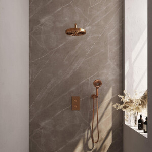 BRAUER Stripe Thermostatische Inbouw Regendouche - 3-weg - rechthoekig - 25cm douchekop - gebogen muurarm - 3-standen handdouche - doucheslang - wandaansluitbocht - koper geborsteld PVD 5-GK-397