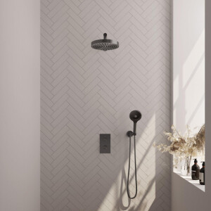 BRAUER Stripe Thermostatische Inbouw Regendouche - 3-weg - rechthoekig - 25cm douchekop - rechte muurarm - 3-standen handdouche - doucheslang - wandaansluitbocht - gunmetal geborsteld PVD 5-GM-395