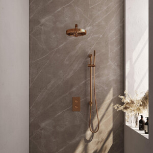 BRAUER Stripe Thermostatische Inbouw Regendouche - 3-weg - rechthoekig - 25cm douchekop - rechte muurarm - staaf handdouche - doucheslang - geïntegreerde glijstang - koper geborsteld PVD 5-GK-401