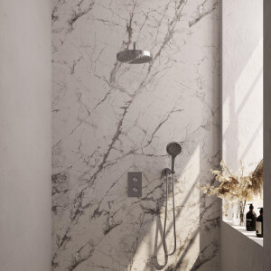 BRAUER Stripe Thermostatische Inbouw Regendouche - 3-weg - rechthoekig - SET 17 - 25cm douchekop - gebogen muurarm - 3-standen handdouche - doucheslang - wandaansluitbocht - RVS-kleurig geborsteld PVD 5-NG-397