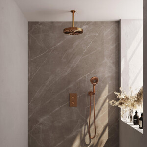 BRAUER Stripe Thermostatische Inbouw Regendouche - 3-weg - rechthoekig - SET 18 - 25cm douchekop - plafondarm - 3-standen handdouche - doucheslang - wandaansluitbocht - koper geborsteld PVD 5-GK-399
