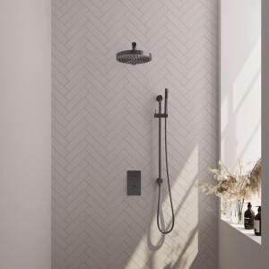 BRAUER Stripe Thermostatische Inbouw Regendouche - 3-weg - rechthoekig - SET 19 - 25cm douchekop - rechte muurarm - staaf handdouche - doucheslang - geïntegreerde glijstang - gunmetal geborsteld PVD 5-GM-401