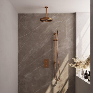 BRAUER Stripe Thermostatische Inbouw Regendouche - 3-weg - rechthoekig - SET 21 - 25cm douchekop - plafondarm - staaf handdouche - doucheslang - geïntegreerde glijstang - koper geborsteld PVD 5-GK-405