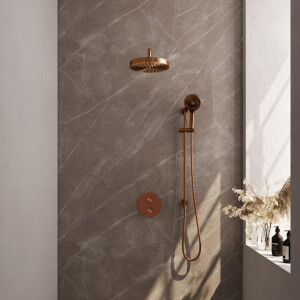 BRAUER Stripe Thermostatische Inbouw Regendouche - 3-weg - rond - 25cm douchekop - gebogen muurarm - 3-standen handdouche - doucheslang - geïntegreerde glijstang - koper geborsteld PVD 5-GK-457