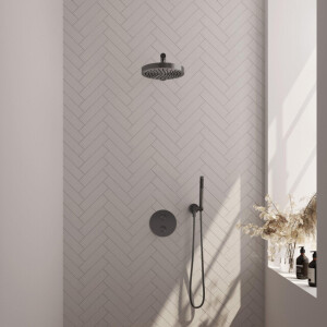 BRAUER Stripe Thermostatische Inbouw Regendouche - 3-weg - rond - SET 37 - 25cm douchekop - rechte muurarm - staaf handdouche - doucheslang - wandaansluitbocht - gunmetal geborsteld PVD 5-GM-437