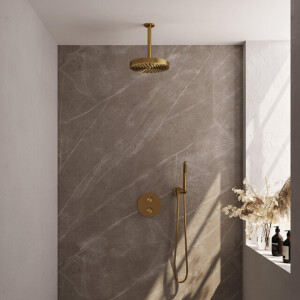 BRAUER Stripe Thermostatische Inbouw Regendouche - 3-weg - rond - SET 39 - 25cm douchekop - plafondarm - staaf handdouche - doucheslang - wandaansluitbocht - goud geborsteld PVD 5-GG-441