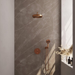 BRAUER Stripe Thermostatische Inbouw Regendouche - 3-weg - rond - SET 41 - 25cm douchekop - gebogen muurarm - 3-standen handdouche - doucheslang - wandaansluitbocht - koper geborsteld PVD 5-GK-445