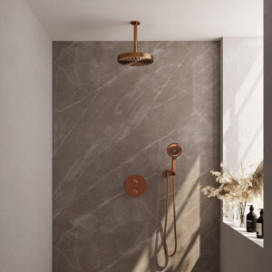 BRAUER Stripe Thermostatische Inbouw Regendouche - 3-weg - rond - SET 42 - 25cm douchekop - plafondarm - 3-standen handdouche - doucheslang - wandaansluitbocht - koper geborsteld PVD 5-GK-447