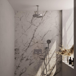 BRAUER Stripe Thermostatische Inbouw Regendouche - drukknoppen - 25cm douchekop - plafondarm - 3-standen handdouche - doucheslang - wandaansluitbocht - RVS-kleurig geborsteld PVD 5-NG-423