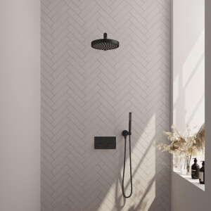 BRAUER Stripe Thermostatische Inbouw Regendouche - drukknoppen - SET 25 - 25cm douchekop - rechte muurarm - staaf handdouche - doucheslang - wandaansluitbocht - mat zwart 5-S-413