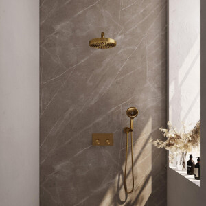 BRAUER Stripe Thermostatische Inbouw Regendouche - drukknoppen - SET 28 - 25cm douchekop - rechte muurarm - 3-standen handdouche - doucheslang - wandaansluitbocht - goud geborsteld PVD 5-GG-419