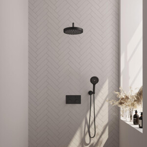 BRAUER Stripe Thermostatische Inbouw Regendouche - drukknoppen - SET 29 - 25cm douchekop - gebogen muurarm - 3-standen handdouche - doucheslang - wandaansluitbocht - mat zwart 5-S-421