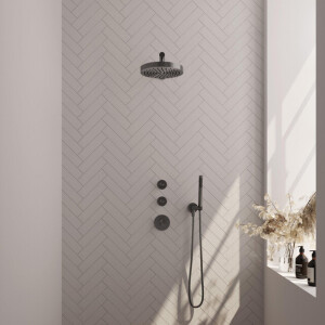 BRAUER Stripe Thermostatische Inbouw Regendouche - SET 01 - 25cm douchekop - rechte muurarm - staaf handdouche - doucheslang - wandaansluitbocht - gunmetal geborsteld PVD 5-GM-365