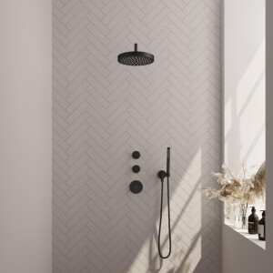 BRAUER Stripe Thermostatische Inbouw Regendouche - SET 02 - 25cm douchekop - gebogen muurarm - staaf handdouche - doucheslang - wandaansluitbocht - mat zwart 5-S-367