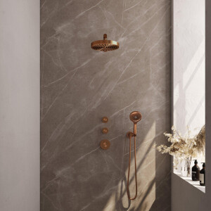 BRAUER Stripe Thermostatische Inbouw Regendouche - SET 04 - 25cm douchekop - rechte muurarm - 3-standen handdouche - doucheslang - wandaansluitbocht - koper geborsteld PVD 5-GK-371