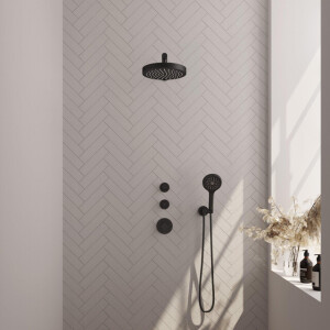 BRAUER Stripe Thermostatische Inbouw Regendouche - SET 04 - 25cm douchekop - rechte muurarm - 3-standen handdouche - doucheslang - wandaansluitbocht - mat zwart 5-S-371