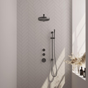 BRAUER Stripe Thermostatische Inbouw Regendouche - SET 07 - 25cm douchekop - rechte muurarm - staaf handdouche - doucheslang - geïntegreerde glijstang - gunmetal geborsteld PVD 5-GM-377