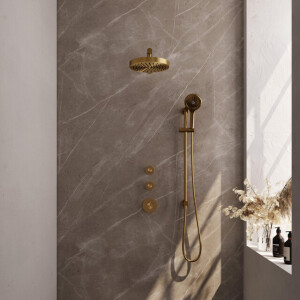 BRAUER Stripe Thermostatische Inbouw Regendouche - SET 10 - 25cm douchekop - rechte muurarm - 3-standen handdouche - doucheslang - geïntegreerde glijstang - goud geborsteld PVD 5-GG-383
