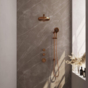 BRAUER Stripe Thermostatische Inbouw Regendouche - SET 10 - 25cm douchekop - rechte muurarm - 3-standen handdouche - doucheslang - geïntegreerde glijstang - koper geborsteld PVD 5-GK-383