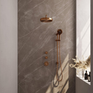 BRAUER Stripe Thermostatische Inbouw Regendouche - SET 11 - 25cm douchekop - gebogen muurarm - 3-standen handdouche - doucheslang - geïntegreerde glijstang - koper geborsteld PVD 5-GK-385