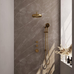 BRAUER Stripe Thermostatische Inbouw Regendouche - SET 11 - 25cm douchekop - gebogen muurarm - 3-standen handdouche - doucheslang - geïntegreerde glijstang - goud geborsteld PVD 5-GG-385