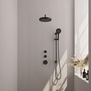 BRAUER Stripe Thermostatische Inbouw Regendouche - SET 11 - 25cm douchekop - gebogen muurarm - 3-standen handdouche - doucheslang - geïntegreerde glijstang - mat zwart 5-S-385