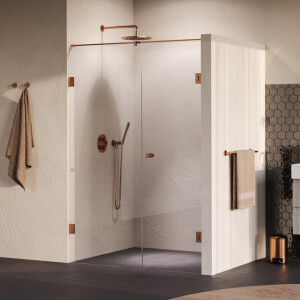 BRAUER Void Carving Nisdeur - 2-delig - 140x200cm - 70cm draaideur aan muur - glascoating - omkeerbaar - helder glas - geborsteld koper PVD GS-VOCN2H7070200GK