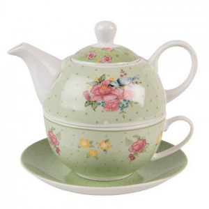 Clayre & Eef Tea for One 460 ml Groen Beige Porselein Bloemen Theepot