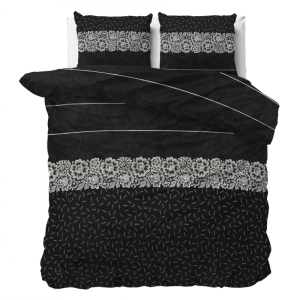 Dekbedovertrek Dervio - Antraciet - Tweepersoons (200x200 Cm) - Antraciet Polyester-katoen - Strepen & Bloemen - Sleeptime Elegance - Dekbed-Discounter.nl