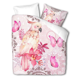 Dekbedovertrek Pink Parrot katoen Dekbedovertrek 200 x 240 - Tweepersoons (200x220 cm) - & Roze Katoen - Dessin: Bloemen, Dieren - Dekbed Discounter