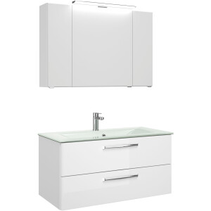 Saphir Badmeubelset Trentino 2-delig glazen wastafel, spiegelkast met LED-verlichting Badkamermeubel-set 107cm breed, incl. deurdemper, 3 deuren, 2 lades (3 stuks)