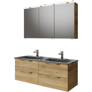 Saphir Badkamerserie Serie 6025 2-delig, mineraalmarmeren wastafel met led-spiegelkast Wastafelmeubel 132 cm breed, 4 laden, 2 spiegeldeuren, incl. deurdemper (2-delig)