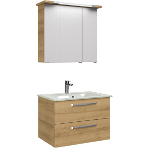 Saphir Badmeubelset Trentino 2-delig glas wasbak, spiegelkast met LED-profiel Badkamermeubel-set 77cm breed, incl. deurdemper, 3 deuren, 2 lades (3 stuks)