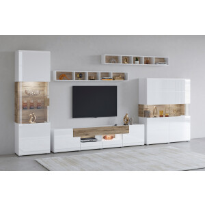 INOSIGN Wandmeubel Toledo, breedte 391cm stijlvolle mediawand zonder verlichting Opbouwwand (vitrine, lowboard, highboard, 2x hangplank) MDF hoogglans fronten (set, 5 stuks)