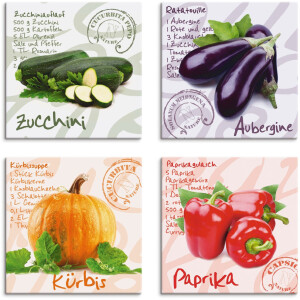 Artland Artprint op linnen Courgette, aubergine, pompoen, paprika (4-delig)