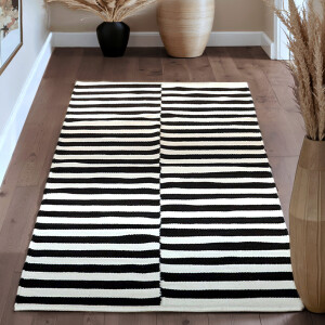 HANSE Home Wollen kleed Donna, zwart-wit handgeweven, wol, natuur, loper, woonkamer, slaapkamer, strepen