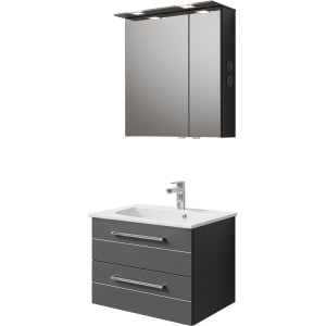 Saphir Badkamerserie Serie 6025 2-delig, mineraalmarmeren wastafel met led-spiegelkast Wastafelmeubel 67 cm breed, 2 laden, 2 spiegeldeuren, incl. deurdemper (2-delig)