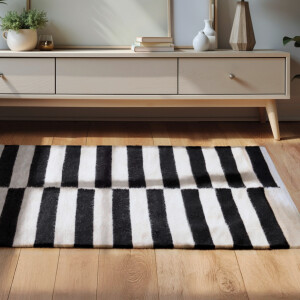 HANSE Home Wollen kleed Donna, zwart-wit handgeweven, wol, natuur, loper, woonkamer, slaapkamer, strepen
