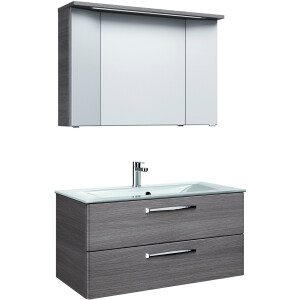 Saphir Badmeubelset Trentino 2-delig glazen wastafel, spiegelkast met LED-verlichting Badkamermeubel-set 107cm breed, incl. deurdemper, 3 deuren, 2 lades (3 stuks)