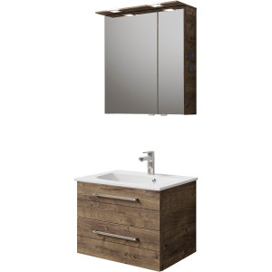 Saphir Badkamerserie Serie 6025 2-delig, mineraalmarmeren wastafel met led-spiegelkast Wastafelmeubel 67 cm breed, 2 laden, 2 spiegeldeuren, incl. deurdemper (2-delig)