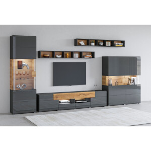 INOSIGN Wandmeubel Toledo, breedte 391cm stijlvolle mediawand zonder verlichting Opbouwwand (vitrine, lowboard, highboard, 2x hangplank) MDF hoogglans fronten (set, 5 stuks)
