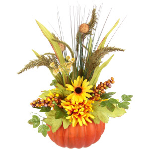I.GE.A. Kunstbloem Arrangement van dahlia’s bessen grassen in pompoen Arrangement met kunstbloemen decoratie herfstdecoratie (1 stuk)