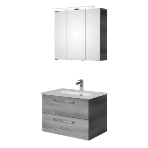 Saphir Badmeubelset Trentino 2-delig glazen wastafel, spiegelkast met LED-verlichting Badkamermeubel-set 77cm breed, incl. deurdemper, 3 deuren, 2 lades (3 stuks)