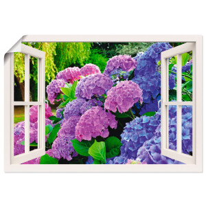 Artland Artprint Blik uit het venster hortensia's in de tuin als artprint op linnen, poster in verschillende formaten maten