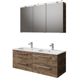 Saphir Badkamerserie Serie 6025 2-delig, mineraalmarmeren wastafel met led-spiegelkast Wastafelmeubel 132 cm breed, 4 laden, 2 spiegeldeuren, incl. deurdemper (2-delig)