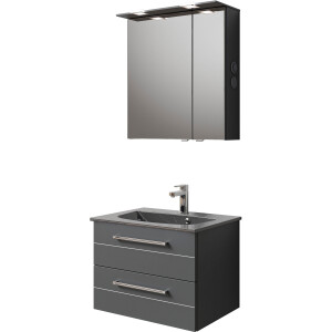 Saphir Badkamerserie Serie 6025 2-delig, mineraalmarmeren wastafel met led-spiegelkast Wastafelmeubel 67 cm breed, 2 laden, 2 spiegeldeuren, incl. deurdemper (2-delig)